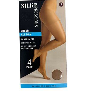 Silk Impressions Sheer All Day Control Top High Waisted Pantyhose Small Rich Tan